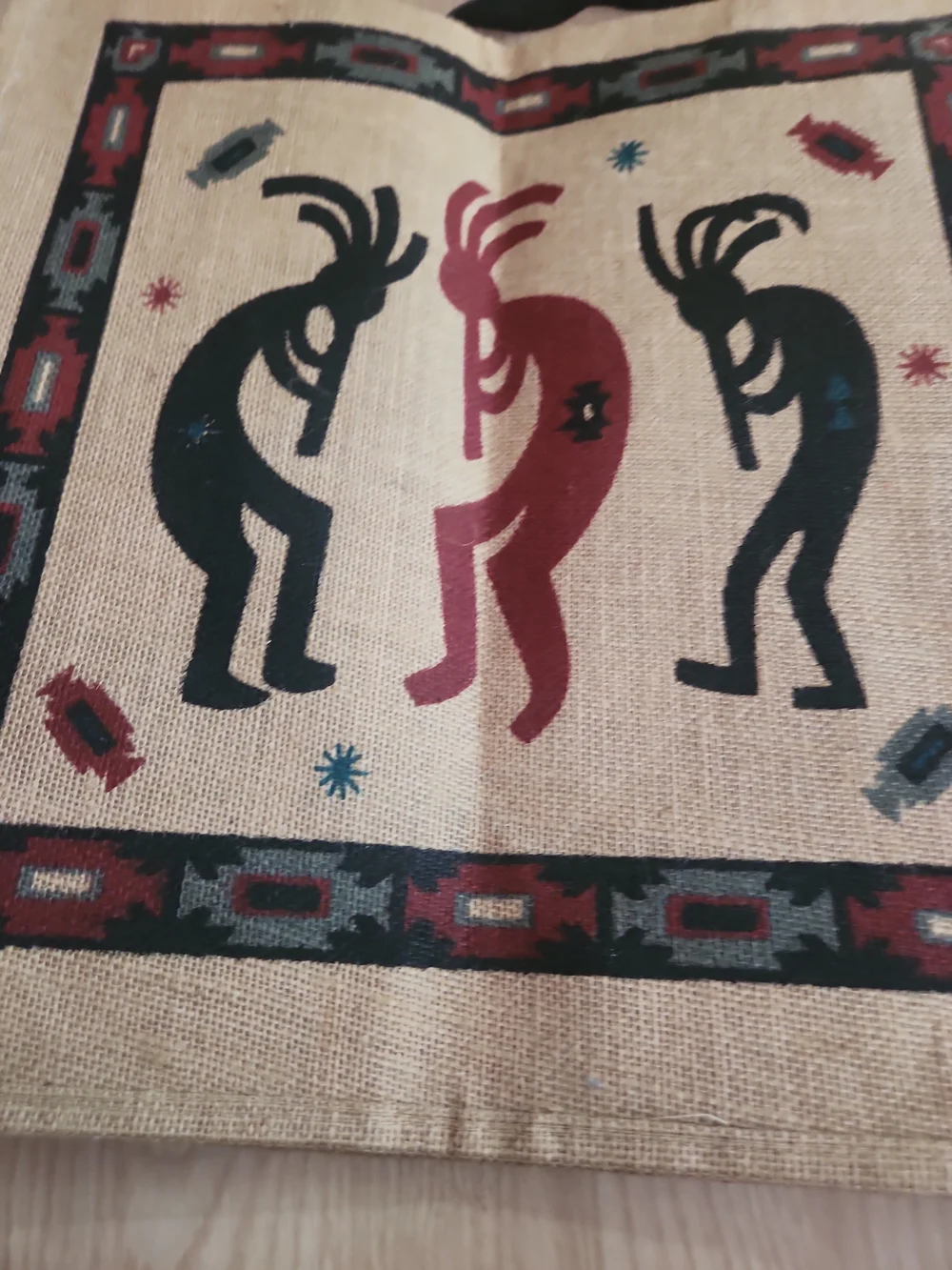 Jute Tote Bag with Kokopelli Print - Red & Black